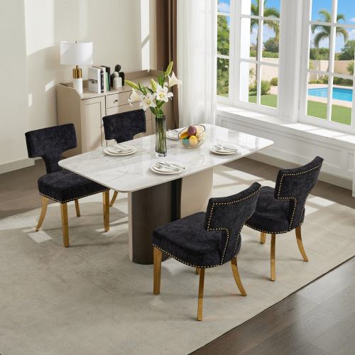 Set of 2 Black Mid-Century Farmhouse Dining Chairs, Copper Nail Curved Back Golden Plated Stainless Steel Legs 300lbs Capacity