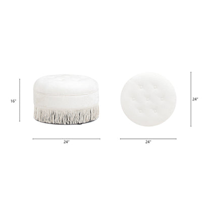 24 inch Round Upholstered Accent Ottoman, Almond White Chenille Round Foot Stool with Bullion Fringe