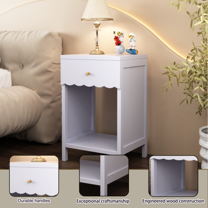 Modern  Nightstand with Drawer and Open Shelf,Scalloped Edge Bedside Table for Bedroom, Cute Minimalist Side Table for Kids Room or Girls' Room,Light Purple