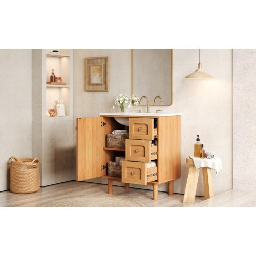 30 Inch Bathroom Vanity with Ceramic Sink, Bathroom Vanity with 3 Drawers, 1 large Soft Closing Door, Farmhouse Bathroom Storage Cabinet , Ideal for Home