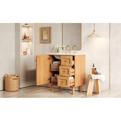 30 Inch Bathroom Vanity with Ceramic Sink, Bathroom Vanity with 3 Drawers, 1 large Soft Closing Door, Farmhouse Bathroom Storage Cabinet , Ideal for Home