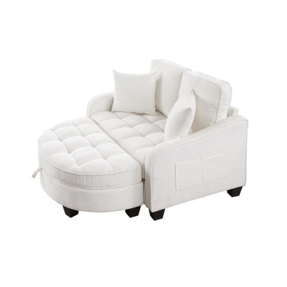 Beige 2-Seater Irregular Curved Sofa Chaise, Storage Footrest, 2 Throw Pillows