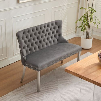 Velvet Double Dining Loveseat Bench, Kitchen & Dining Seating, 2-Seat Tufted Bench w/Handmade Buttons, Wing Back, Brushed Silver Stainless Steel Legs, Mid Century Modern,Single Pack,Gray