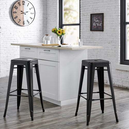 Backless Modern Light Weight Industrial Contemporary Rustic Vintage Costal Metal Bar Stools Without Back and 4 Leg Design (Set of 2) (30inch Seat, Distressed Black)