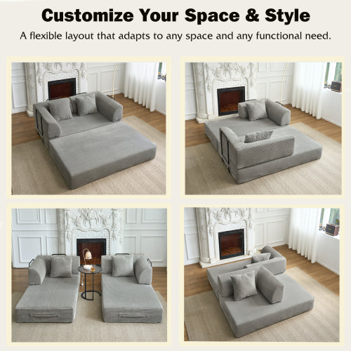 Light-Gray 5-in-1 Convertible Corduroy Sleeper Floor Sofa-Bed Reinforced-Metal-Frame 800LB Capacity No-Assembly