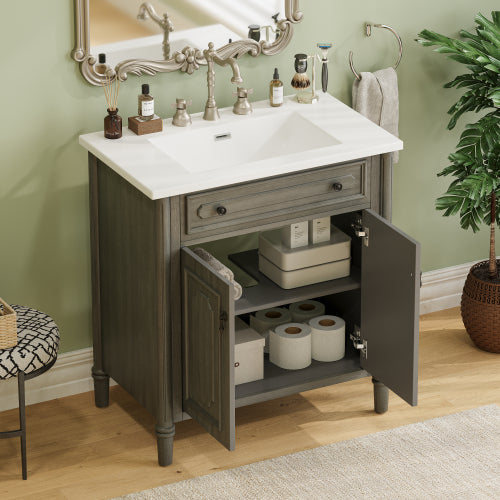 31" Vintage Bathroom Vanity with Sink, Rustic Bathroom Cabinet with Soft Close Doors and Adjustable Shelf, Curved Profile Design, Rubber Wood Legs, Gray