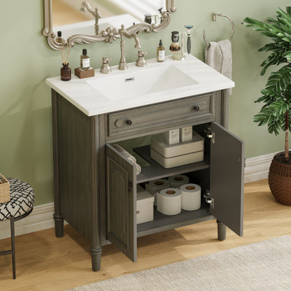 31" Vintage Bathroom Vanity with Sink, Rustic Bathroom Cabinet with Soft Close Doors and Adjustable Shelf, Curved Profile Design, Rubber Wood Legs, Gray