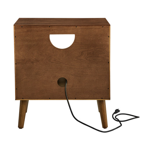 Mid Century Modern Fluted Nightstand with Charging Station USB Ports & Outlet Hole & 4 Solid Wood Legs, Farmhouse End Table with Open Space and Drawer Dresser, Walnut