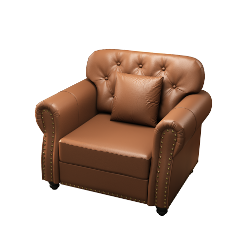 41.3 inch  Brown Faux-Leather Mid-Century Sofa, Nailhead Trim & 1 Pillow