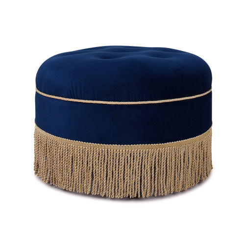 24 inch Round Upholstered Accent Ottoman, Navy Blue Velvet Ottoman with Gold Bullion Fringe Trim