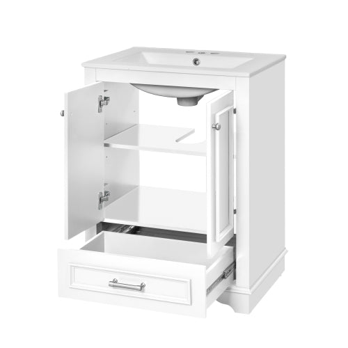 24'' Bathroom Vanity with Ceramic Sink Combo, Modern Freestanding Storage Cabinet with Silver Handles, Soft Closing Doors