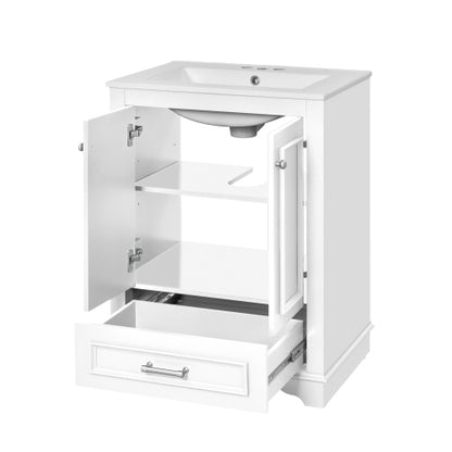 24'' Bathroom Vanity with Ceramic Sink Combo, Modern Freestanding Storage Cabinet with Silver Handles, Soft Closing Doors