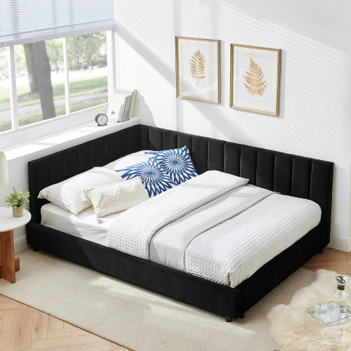 Full Size Upholstered Tufted Bed Frame, Sofa Bed Frame with Comfortable Backrest and Armrests, Full Size Bed for Bedroom, Living Room,Velvet-Black(81inch *60inch *29.5inch )
