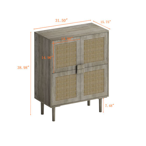 4-Doors Rattan Mesh Storage Cabinet, Sideboard with Eight Storage Spaces, for Entryway, Living Room, Hallway (Grey with Woodgrain)