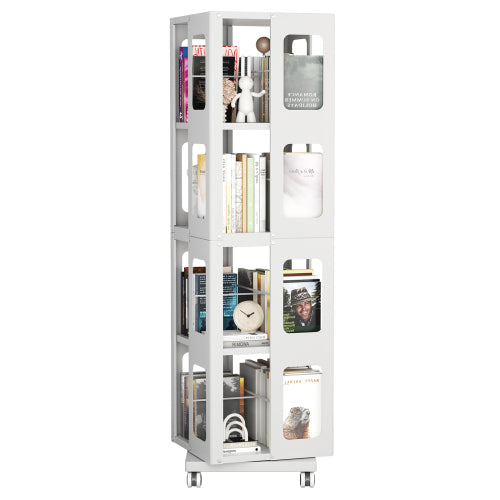 4-Tier Steel Rotating Bookshelf with Wheels White