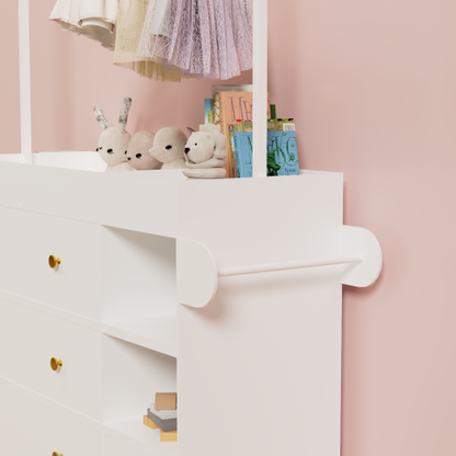 Modern Table Dresser,Baby Dressing Table with 3 extra deep Drawers and Storage Shelves and Hangers, Multi-Functional Baby Changing Table with Drying Rack for Nursery, White