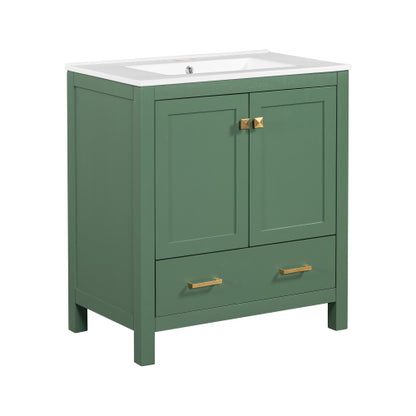 30 Inch Green Bathroom Vanity with Single Sink, Combination Under Counter Sink, Bathroom Storage Cabinet with 2 Doors and a Drawer, Soft Closure, Multifunctional Storage(WF324043)