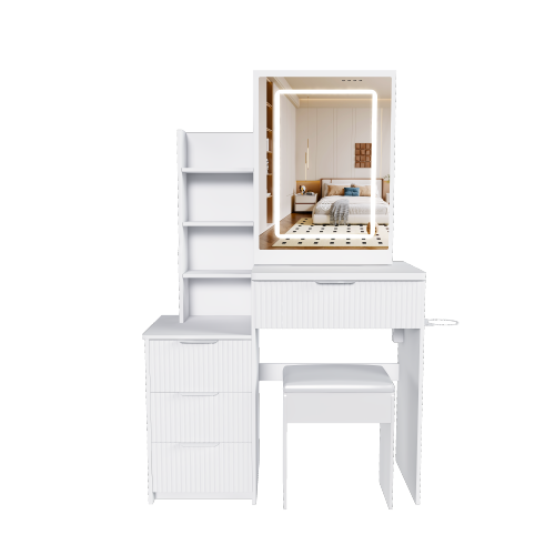 White LED Lighted Makeup Vanity Table with 4 Drawers & Shelves, Power Outlet, Dryer Holder & Chair, Modern Bedroom Dresser