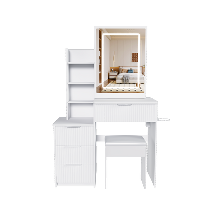 White LED Lighted Makeup Vanity Table with 4 Drawers & Shelves, Power Outlet, Dryer Holder & Chair, Modern Bedroom Dresser