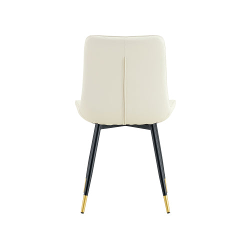 Set of 2 White Leathaire Tech Fabric Dining Chairs, Black Semi-Gloss Metal Leg Gold Trim Adjustable Non-Slip Feet Vertical Stitch High Back