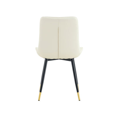Set of 2 White Leathaire Tech Fabric Dining Chairs, Black Semi-Gloss Metal Leg Gold Trim Adjustable Non-Slip Feet Vertical Stitch High Back