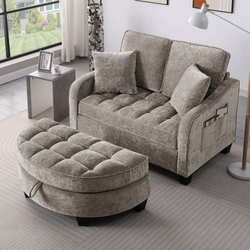 Brown 2-Seater Irregular Curved Sofa Chaise, Storage Footrest,2 Throw Pillows