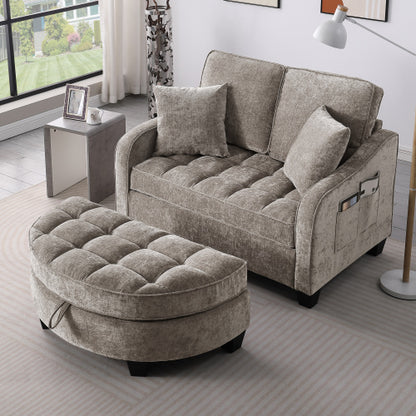 Brown 2-Seater Irregular Curved Sofa Chaise, Storage Footrest,2 Throw Pillows