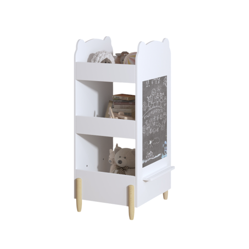 White Bear Shape Kids Bookshelf with Side Chalkboard, 3-Tier Open Storage Toddler Toy Book Organizer