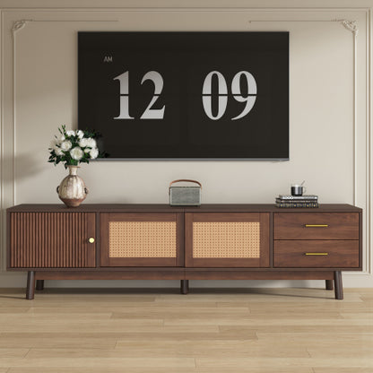 70.86 Inch Dark Brown PE Rattan Sliding Door TV Stand Solid Wood Leg Media Console For 80 Inch TV