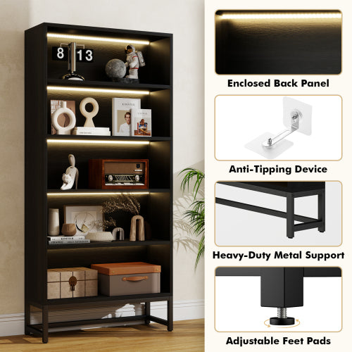 5-Tier Bookcase with Adjustable LED Lights, Heavy Duty Storage Shelf