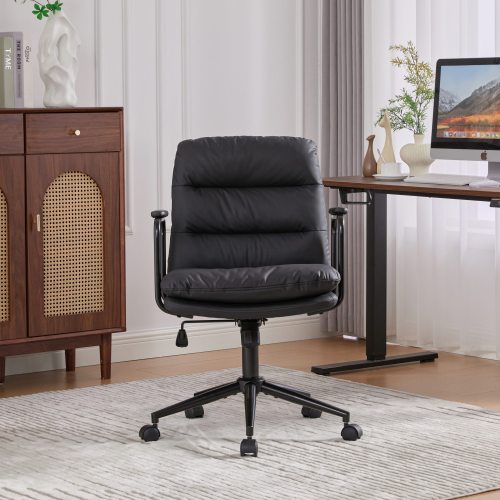 Office Chair,Mid Back Home Office Desk Task Chair with Wheels and Arms Ergonomic PU Leather Computer Rolling Swivel Chair with Padded Armrest,The back of the chair can recline 40¡ã (Black),SW1741BK