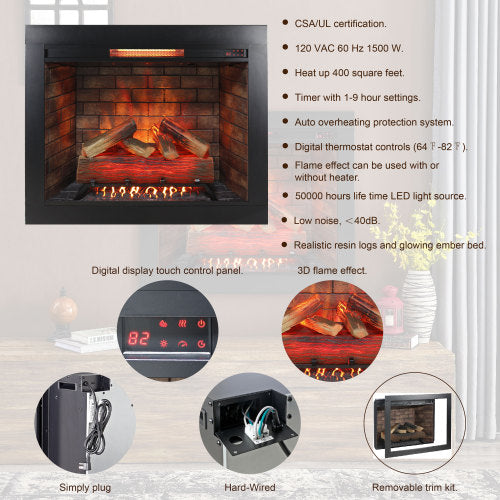 33 inch Infrared Electric Fireplace with Removable Trim kit Insert, Touch Panel Home Decor Heater, Smokeless Firebox With Fire Crackling Sound
