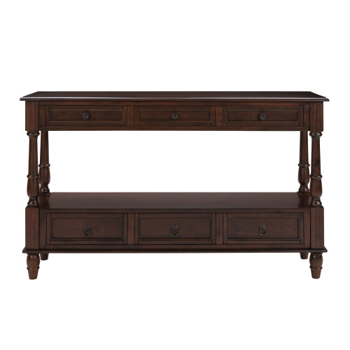 54 Inch Solid Wood Console Table with 6 Drawers & Shelf Espresso Brown