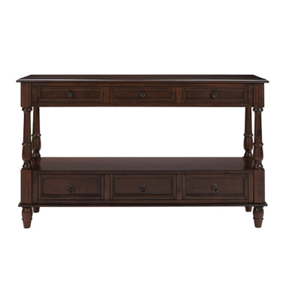 54 Inch Solid Wood Console Table with 6 Drawers & Shelf Espresso Brown