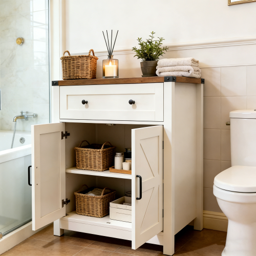 White & Wood-Grain Top Farmhouse Barn-Door Storage Cabinet, Coffee Bar Buffet Sideboard with Drawer for Kitchen & Living Room