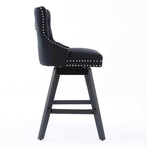 Swivel Velvet Barstools with Button Tufted Decoration and Wooden Legs, and Chrome Nailhead Trim, Leisure Style Bar Chairs,Bar stools, Set of 2 (Black)