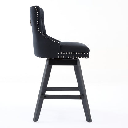 Swivel Velvet Barstools with Button Tufted Decoration and Wooden Legs, and Chrome Nailhead Trim, Leisure Style Bar Chairs,Bar stools, Set of 2 (Black)