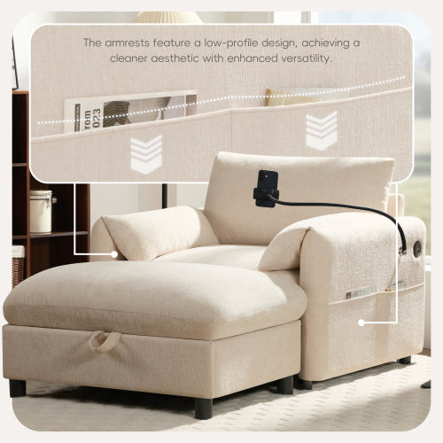 37 inch  Chenille Single Sofa Chair, Storage Ottoman, Dual Charging Ports, Phone Holder