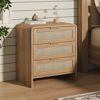 Rattan Nightstand with 3 Drawers, 22.8inch  Wide Curved Wooden Bedside Table, Modern Storage for Bedroom, Caramel Oak.