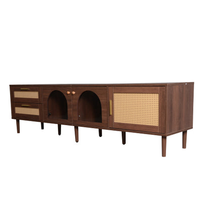 Rattan TV Stand with Drawers Glass Doors and LED Lights for 80 Inch TVs
