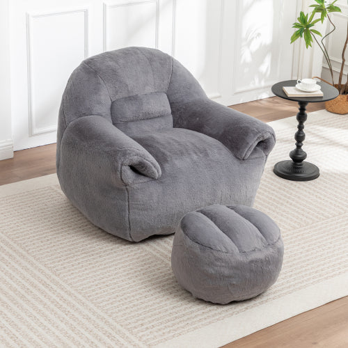 Grey Faux-Fur Bean-Bag Sofa Chair with Backrest & Footstool