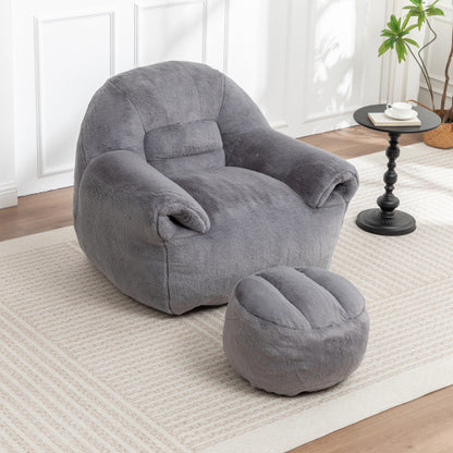 Grey Faux-Fur Bean-Bag Sofa Chair with Backrest & Footstool