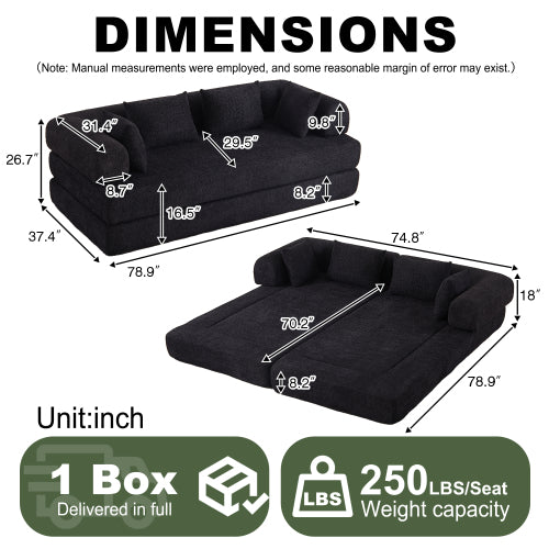 78.9 inch  Convertible Chenille Sleeper Sofa, Removable Armrest, DIY Customizable
