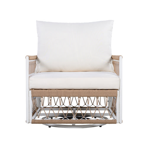 [Set of 2] 360° Swivel Bohemian Outdoor Lounge Chair with Handwoven Rope & Powder-Coated Steel Frame, Waterproof Cushions - Patio, Garden, Poolside