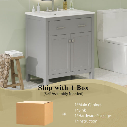 30" Bathroom Vanity with Ceramic Sink, Modern Gray Single Bathroom Cabinet with 2 Doors and a Shelf, Soft Close Doors