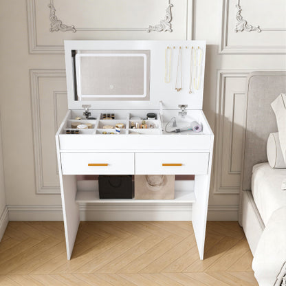 White Flip Top Vanity Desk with LED Lighted Mirror & Built-in Outlet, 2 Drawers, Open Storage, Jewelry Hooks