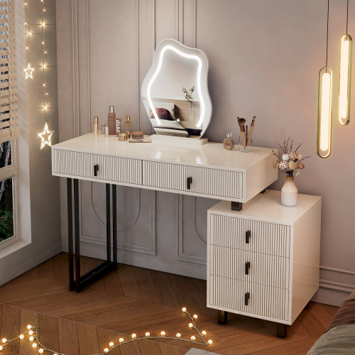 Adjustable-Length Vanity with Cloud LED Mirror - Modern Makeup Table with Storage Drawers & Side Cabinet, Ribbed Texture Design for Bedroom, Dorm & Small Spaces