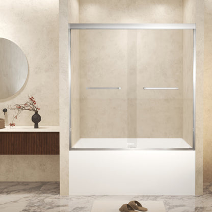 56-60" x 60" Tempered Glass with Explosion Proof Film, Aluminum Frame Double Sliding Shower Door, "1/4 (6 mm), Stainless Steel handle,Brushed Nickel