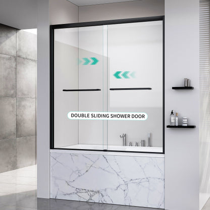 56-60*60 INCH Frame Double Sliding soft-close Shower Doors, Bathroom Sliding Shower Door, (6mm) Thick SGCC Tempered Glass Door For Bathroom Door ,Matte Black