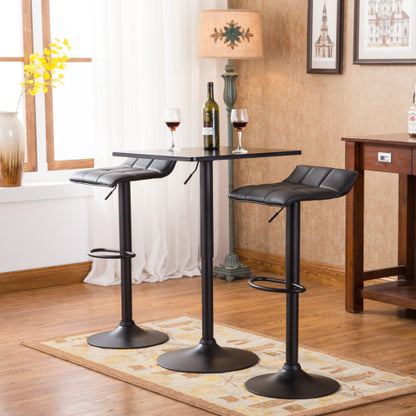 Black Square Top Adjustable Height with Black Leg And Base Metal Bar Table and 2 Swivel Black Bonded Leather Adjustable Bar Stool Bar Sets